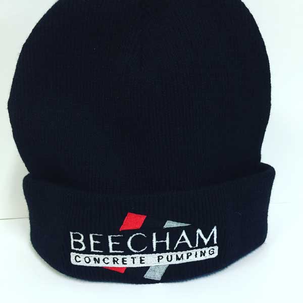 Beecham Concrete Pumping winter beanies with logo embroidered on the front.