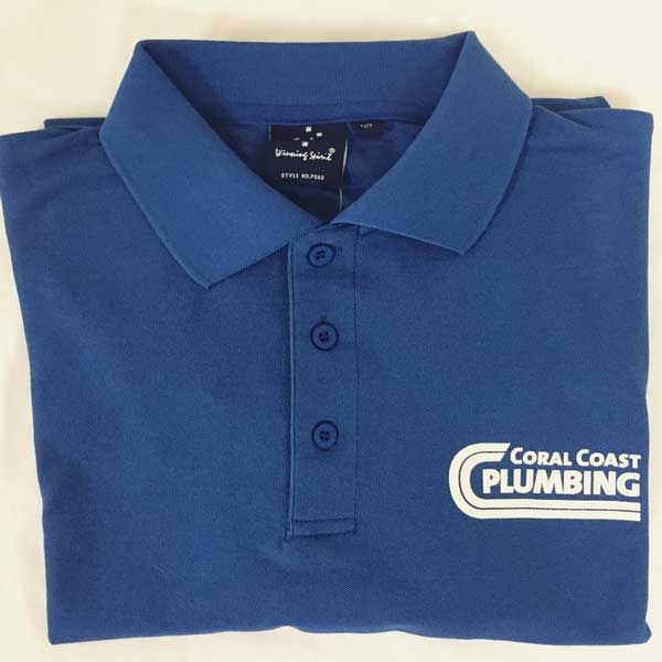 Coral Coast Plumbing polo shirts screen printed one colour on the front and back.