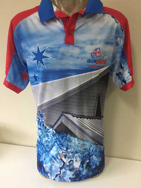 Custom designed and made polo shirt for AusPlumb - front view