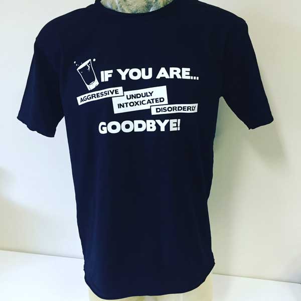Queensland Police promotional black cotton tees with anti social message printed one colour on the front and back.