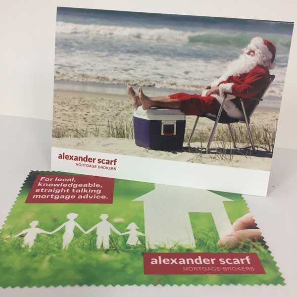Alexander Scarf Mortgage Brokers custom designed and printed Christmas Card with branded glass cleaning cloth.