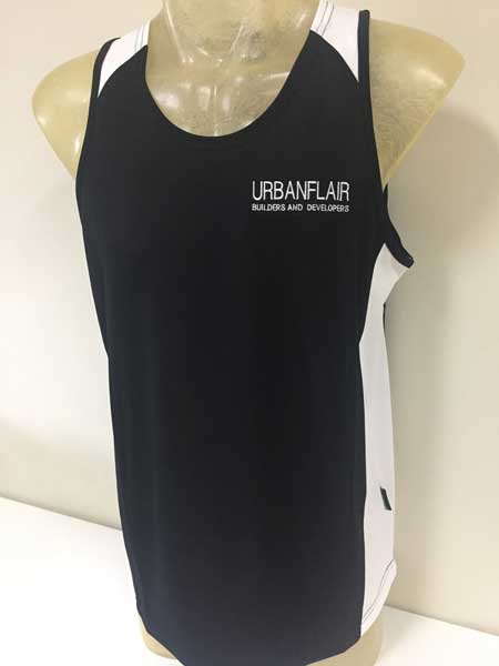 Aussie Pacific brand black/white singlet embroidered on left chest for Urban Flair Developers