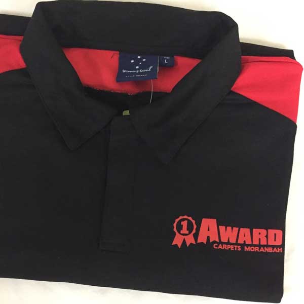 Award Carpets Moranbah polo shirts screen printed one colour on the front and back