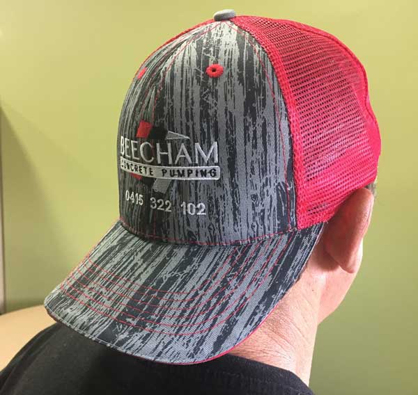 Beecham Concreting embroidered wood printed cap with mesh back, style 4143.