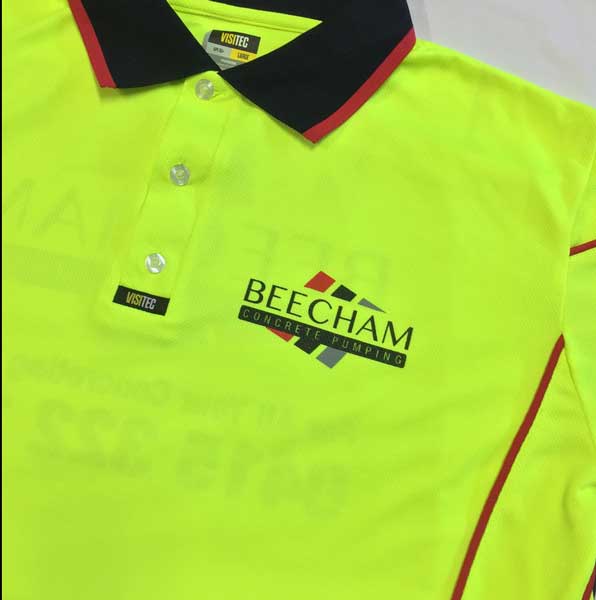 Beecham Concrete Pumping hi-viz work shirts screen printed three colours on the front and back.