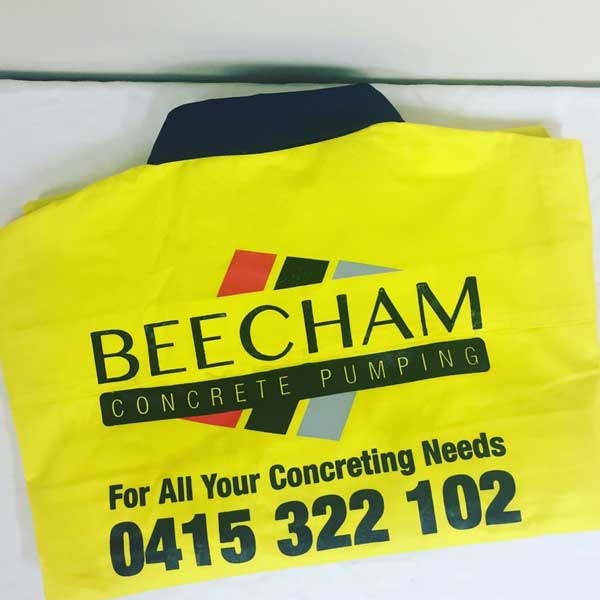 Beecham Concrete Pumping  hi-viz work shirts screen printed 3 colours on the front and back.