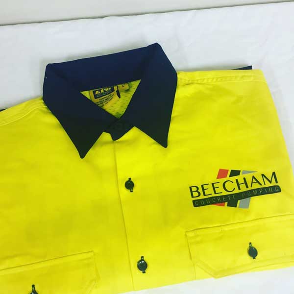 Beecham Concrete Pumping hi-viz work shirt screen printed 3 colours on the front and back.