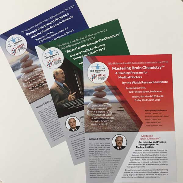 Bio Balance Health A4 2018 Outreach brochures for patients, doctors and conference attendees, printed full CMYK colour on both sides on 150gsm gloss art paper.