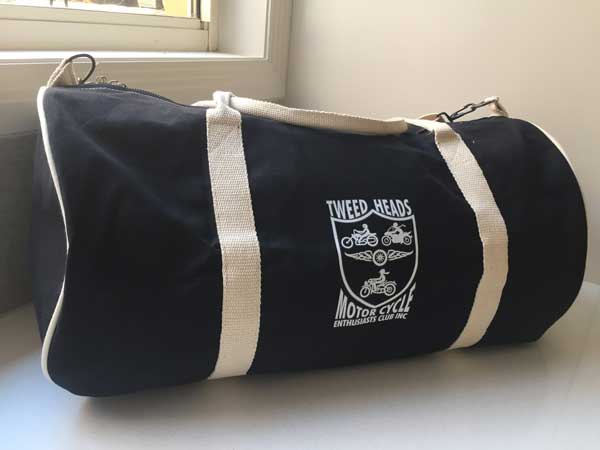 Canvas overnight bag with Tweed Motorcycle club logo screen printed white