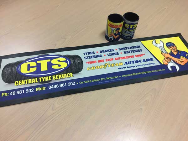 Premium quality bar runners (aka bar mats), printed full digital colour and sublimated for Central Tyre Service (CTS)