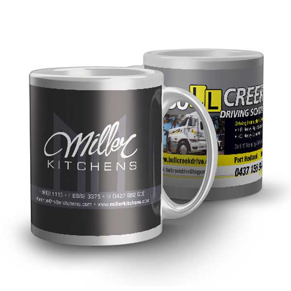 Miller Kitchens and Bull Creek Driving School white ceramic mugs wrap printed full colour and sublimated