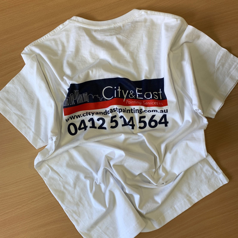 City and East Painting Services branded cotton tees, screen printed 2 colours on 2 sides