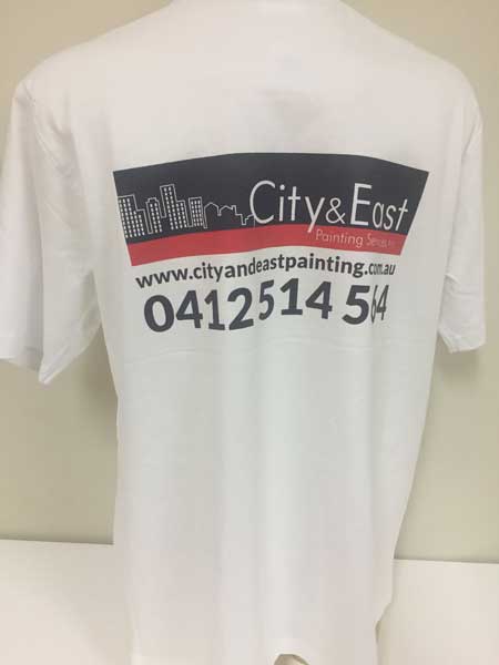 City & East Painters white tee screen printed two colours on two sides
