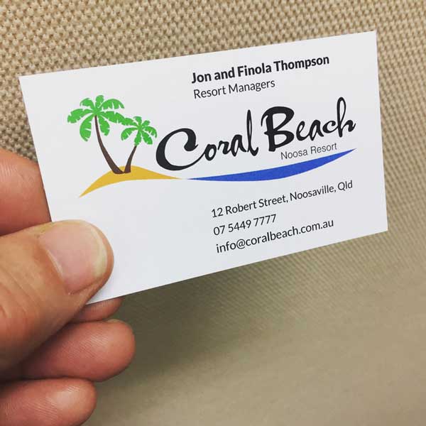 Coral Beach Noosa Resort business cards printed CMYK colour on two sides on 420gsm artboard.