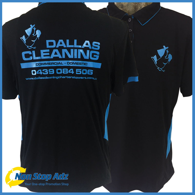 New black/cyan polos screen printed for Dallas Cleaning Charters Towers, QLD 