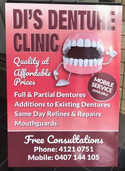 Di's Denture Clinic A-frame sign promoting her business