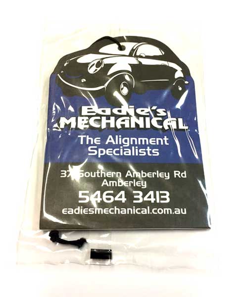Eadies Mechanical vehicle air freshener, die cut and printed full colour on two sides
