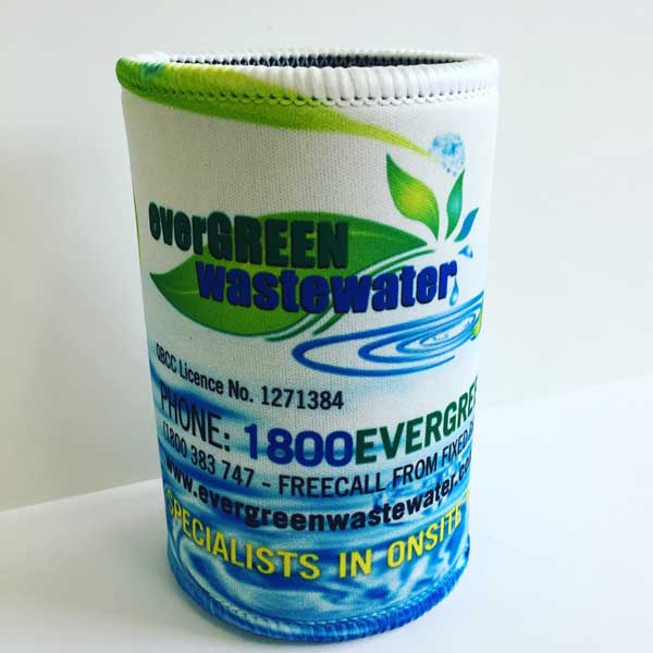 Evergreen Waste Services premium stubby cooler (aka stubby holder) with over locked edges top and bottom, printed full colour and sublimated onto 5mm neoprene with a base and stitched side seam.
