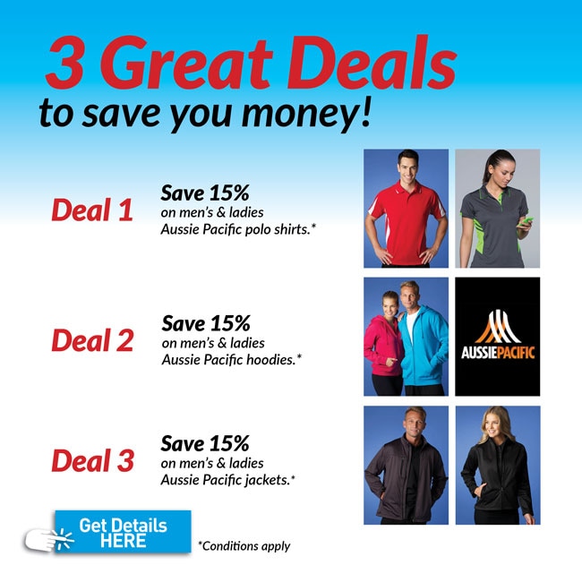 May Great Deals offers, save 15% on apparel, embroidered polos, hoodies, jacket, aussie pacific brand