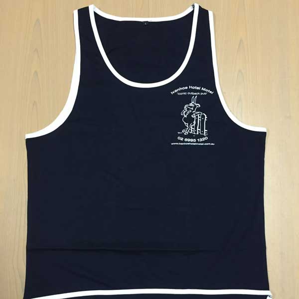 Ivanhoe Hotel custom cotton shearers singlets screen printed one colour on the front and back.