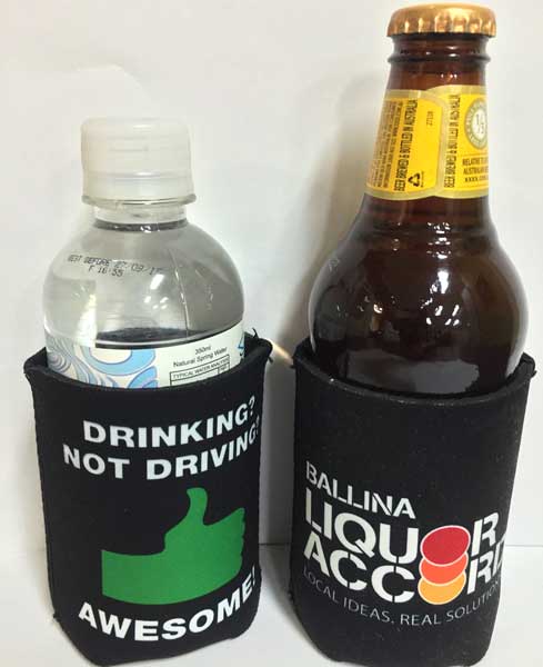 Ballina Liquor Accord foldable stubby coolers made from 3mm neoprene, printed full colour and sublimated.