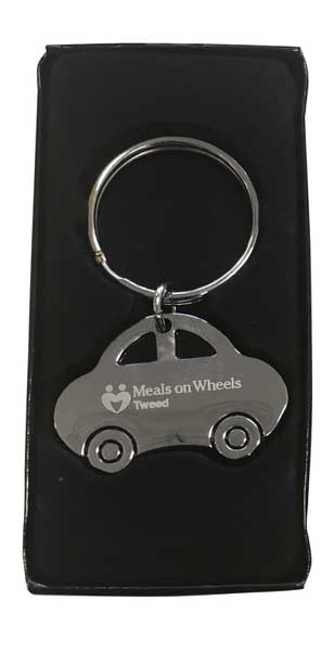 Car shape metal keyring engraved with Meals on Wheels Tweed 