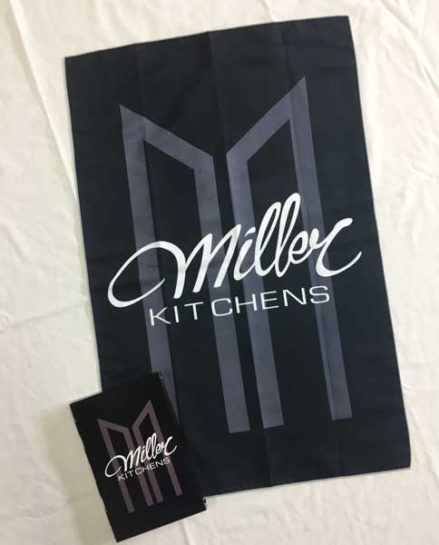 Miller Kitchens sublimated microfibre tea towel with printed gift box