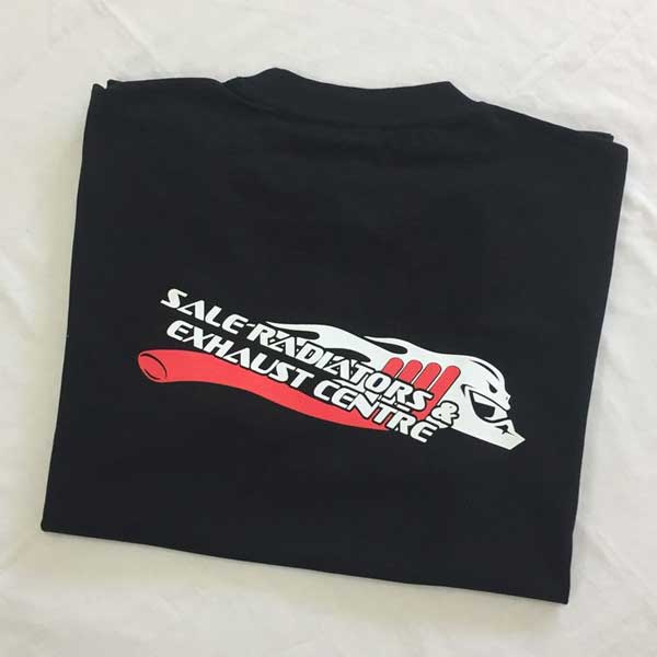 Sales Radiator & Exhaust Centre black cotton tees screen printed two colours on the front and back.