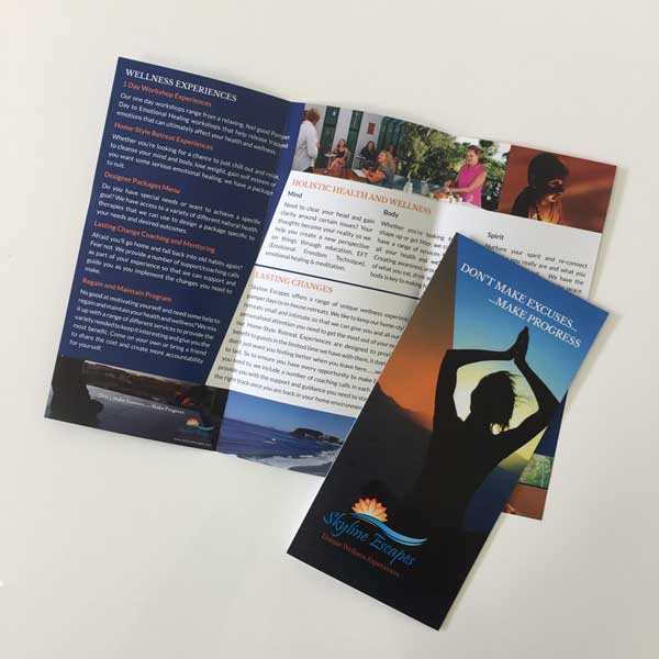 Skyline Escapes A4 brochure printed full CMYK colour on two sides on 150gsm gloss art and folded twice to DL.