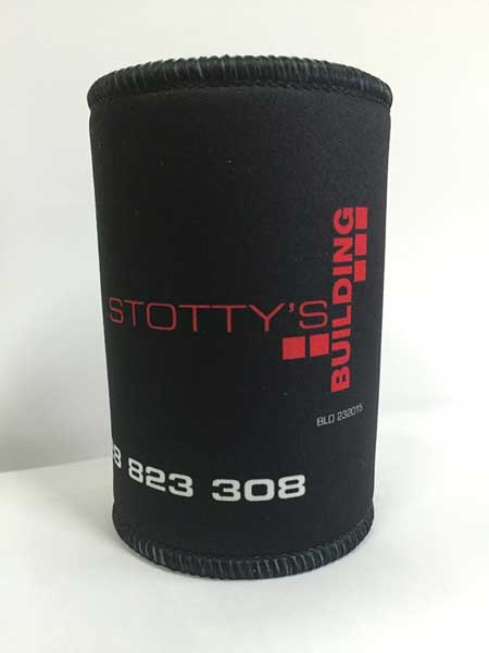 Stotty's Building Company premium stubby coolers with over locked to and bottom edges, with a base and stitched side seam, printed full colour and sublimated onto 5mm neoprene.
