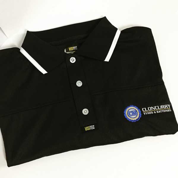 Cloncurry Tyres black Visitec polo shirts embroidered on the left chest.